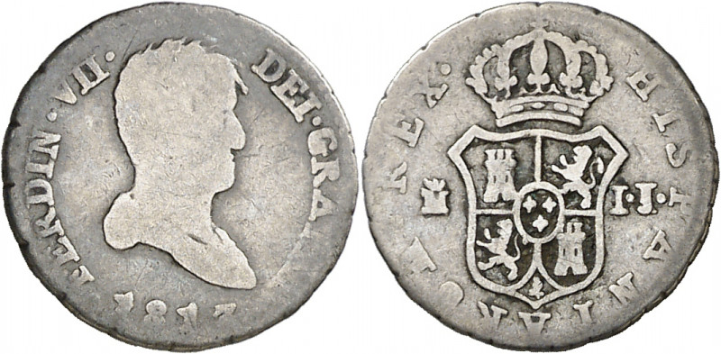 1813. Fernando VII. Madrid. IJ. 1/2 real. (AC. 365). Busto desnudo. Rara. 1,37 g...