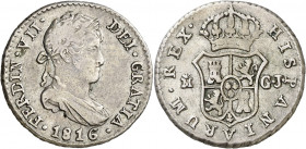 1816. Fernando VII. Madrid. GJ. 1/2 real. (AC. 370). Ex Áureo 16/04/1996, nº 2693. 1,76 g. MBC.