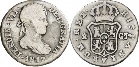 1817. Fernando VII. Madrid. GJ. 1/2 real. (AC. 371). Ex Áureo 16/10/1996, nº 2722. 1,32 g. BC/BC+.