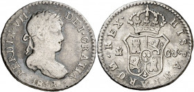 1818. Fernando VII. Madrid. GJ. 1/2 real. (AC. 372). Ex Colección Monterrey, Áureo 03/03/1999, nº 108. 1,40 g. BC/BC+.
