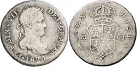 1820. Fernando VII. Madrid. GJ. 1/2 real. (AC. 375). Rayitas. Escasa. 1,48 g. BC.