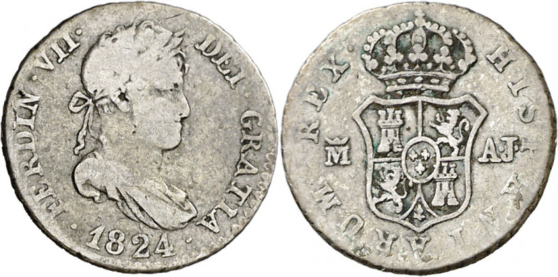 1824. Fernando VII. Madrid. AJ. 1/2 real. (AC. 376). Ex Áureo 26/01/1999, nº1147...
