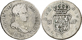 1824. Fernando VII. Madrid. AJ. 1/2 real. (AC. 376). Ex Áureo 26/01/1999, nº1147. Escasa. 1,42 g. BC+.