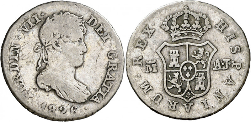 1826. Fernando VII. Madrid. AJ. 1/2 real. (AC. 377). Escasa. 1,44 g. BC+/MBC-.