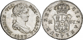 1833. Fernando VII. Madrid. JI. 1/2 real. (AC. 386). Bellísima. Brillo original. Ex Colección de 1/2 real, Áureo 17/12/2002, nº 1701. Rara así. 1,45 g...