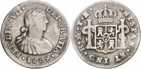 1809. Fernando VII. México. TH. 1/2 real. (AC. 390). Busto imaginario. Golpecitos. 1,57 g. BC+/MBC-.