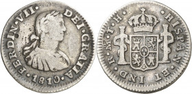 1810. Fernando VII. México. TH. 1/2 real. (AC. 391). Busto imaginario. Pequeñas punzonadas en anverso. Ex Áureo 17/09/1996, nº 991. Escasa. 1,62 g. MB...