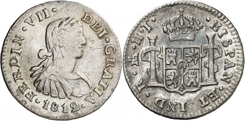 1812/1. Fernando VII. México. HJ. 1/2 real. (AC. 394). Busto imaginario. Rayitas...