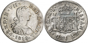 1812/1. Fernando VII. México. HJ. 1/2 real. (AC. 394). Busto imaginario. Rayitas. 1,64 g. MBC-/MBC+.