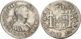 1813. Fernando VII. México. HJ. 1/2 real. (AC. 398). Busto imaginario. Golpecitos en anverso. Ex Áureo 29/09/1998, nº 1911. 1,61 g. (MBC-).