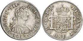 1813. Fernando VII. México. JJ. 1/2 real. (AC. 399). Busto imaginario. Atractiva. Muy escasa así. 1,66 g. EBC-.