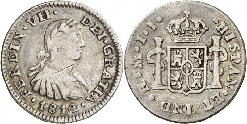 1814/3. Fernando VII. México. JJ. 1/2 real. (AC. 400). Busto imaginario. Rayitas...