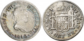 1816. Fernando VII. México. JJ. 1/2 real. (AC. 404). El reverso calcado en anverso. Bonita pátina. Escasa. 1,62 g. MBC/MBC+.