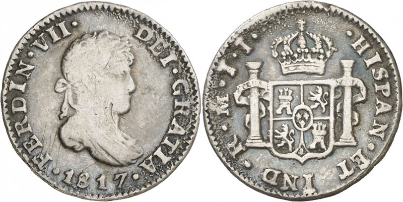 1817. Fernando VII. México. JJ. 1/2 real. (AC. 406). Rayitas. 1,69 g. BC+/MBC-.