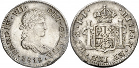 1819/8. Fernando VII. México. JJ. 1/2 real. (AC. 409). Defecto de acuñación en canto. Atractiva. Ex Áureo 21/05/1998, nº 937. 1,69 g. (EBC-).