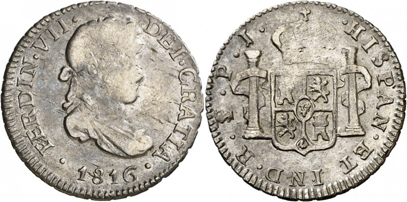 1816. Fernando VII. Potosí. PJ. 1/2 real. (AC. 431). Rayitas. Ex Áureo 23/01/200...