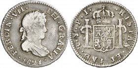 1821. Fernando VII. Potosí. PJ. 1/2 real. (AC. 436). Ex Áureo 21/05/1996, nº 2484. 1,70 g. MBC-.