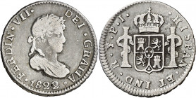 1822. Fernando VII. Potosí. PJ. 1/2 real. (AC. 437). Rayitas. 1,63 g. BC+/MBC-.