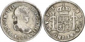 1823. Fernando VII. Potosí. PJ. 1/2 real. (AC. 438). Sombras. 1,61 g. BC+/MBC-.