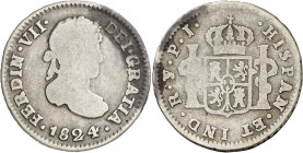 1824. Fernando VII. Potosí. PJ. 1/2 real. (AC. 440). Ex Colección Monterrey, Áureo 03/03/1999, nº 146. 1,51 g. BC-.