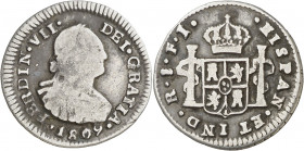1809. Fernando VII. Santiago. FJ. 1/2 real. (AC. 453). Oxidaciones. Escasa. 1,53 g. BC.