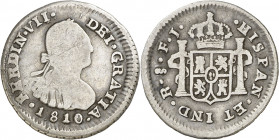 1810. Fernando VII. Santiago. FJ. 1/2 real. (AC. 454). Ex Áureo 16/10/1996, nº 2728. Escasa. 1,65 g. RC/BC.