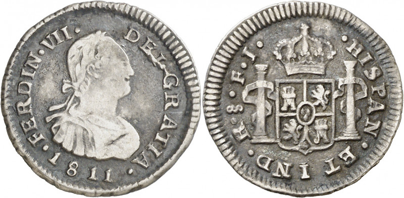 1811. Fernando VII. Santiago. FJ. 1/2 real. (AC. 455). Rayita. Pátina oscura. Ex...