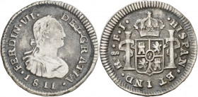 1811. Fernando VII. Santiago. FJ. 1/2 real. (AC. 455). Rayita. Pátina oscura. Ex Áureo 19/12/2001, nº 1425. Escasa. 1,66 g. BC+.