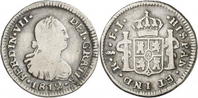1812. Fernando VII. Santiago. FJ. 1/2 real. (AC. 456). Ex Áureo 16/10/1996, nº 2729. Escasa. 1,57 g. BC-/BC.