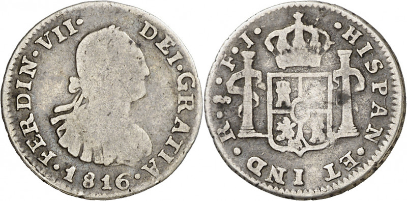 1816. Fernando VII. Santiago. FJ. 1/2 real. (AC. 461). Escasa. 1,53 g. BC-/BC.