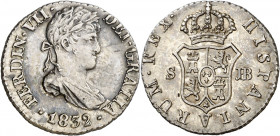 1832. Fernando VII. Sevilla. JB. 1/2 real. (AC. 466). Atractiva. Escasa así. 1,48 g. MBC+/EBC-.