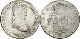 1812. Fernando VII. Catalunya (Mallorca). SF. 1 real. (AC. 513). Leves marquitas. Muy rara, sólo hemos tenido cuatro ejemplares. 2,79 g. MBC.