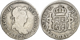 1824. Fernando VII. Cuzco. T. 1 real. (AC. 537). Pequeña punzonada en reverso. Ex Áureo 17/09/1996, nº 997. 3 g. BC+/MBC-.