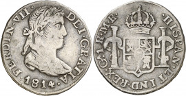 1814. Fernando VII. Guadalajara. MR. 1 real. (AC. 543). Leves rayitas. Muy rara. 3,41 g. MBC.