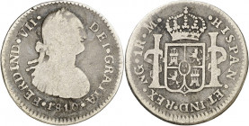 1810. Fernando VII. Guatemala. M. 1 real. (AC. 549). Busto de Carlos IV. Ex Áureo 21/05/1996, nº 941. Rara. 3,20 g. BC.