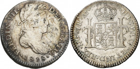 1818. Fernando VII. Guatemala. M. 1 real. (AC. 558). Rayas en anverso. Ex Áureo 17/09/1996, nº 999. 3,22 g. BC+/MBC-.