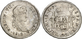 1812. Fernando VII. Lima. JP. 1 real. (AC. 570). Primer año de busto laureado. Ex Áureo 16/10/1996, nº 2732. Rara. 3,15 g. MBC-.