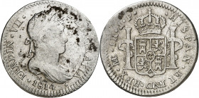 1814. Fernando VII. Lima. JP. 1 real. (AC. 572). Incrustaciones. Ex Colección Monterrey, Áureo 03/03/1999, nº 184. 3,49 g. BC/BC+.