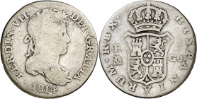 1814. Fernando VII. Madrid. GJ. 1 real. (AC. 583). Primer año de busto laureado. Escasa. 2,82 g. BC-/BC.
