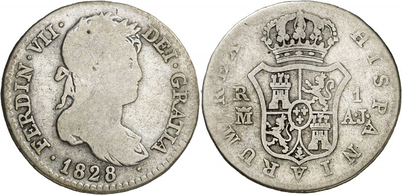 1828. Fernando VII. Madrid. AJ. 1 real. (AC. 592). Ex Colección Monterrey, Áureo...