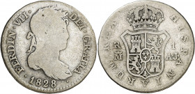 1828. Fernando VII. Madrid. AJ. 1 real. (AC. 592). Ex Colección Monterrey, Áureo 03/03/1999, nº 200. 2,82 g. BC-/BC.