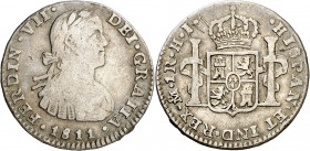 1811. Fernando VII. México. HJ. 1 real. (AC. 604). Busto imaginario. Rayitas. Ex Áureo 22/09/1999, nº 1002. 3,35 g. BC+/MBC-.