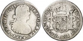1814. Fernando VII. México. HJ. 1 real. (AC. 609). Busto imaginario. 3,17 g. BC/BC+.