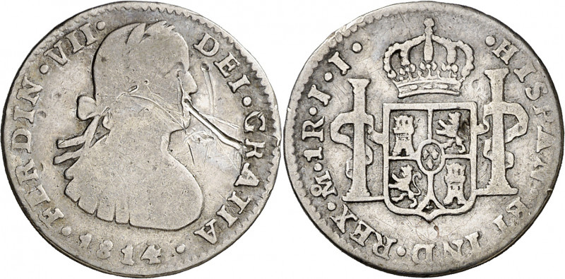 1814. Fernando VII. México. JJ. 1 real. (AC. 610). Busto imaginario. Rayas en an...