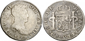 1817. Fernando VII. México. JJ. 1 real. (AC. 615). Golpecitos. Impurezas. Ex Colección Monterrey, Áureo 03/03/1999, nº 212. 3,20 g. BC/BC+.
