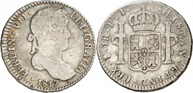 1817. Fernando VII. Potosí. PJ. 1 real. (AC. 634). Vano en anverso. 3,22 g. BC/MBC-.