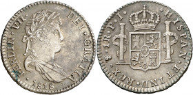 1818. Fernando VII. Potosí. PJ. 1 real. (AC. 635). Rayitas. Buen ejemplar. Ex Áureo 26/01/2005, nº 1067. Escasa así. 3,33 g. MBC+.
