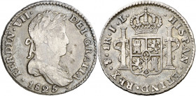 1825. Fernando VII. Potosí. JL. 1 real. (AC. 644). Acuñación republicana. 3,37 g. MBC-/MBC+.