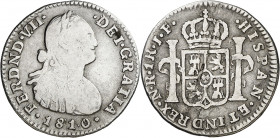 1810/09. Fernando VII. Santa Fe de Nuevo Reino. JF. 1 real. (AC. 648) (Restrepo 111-2). Rayitas. Rara. 3,22 g. BC/BC+.