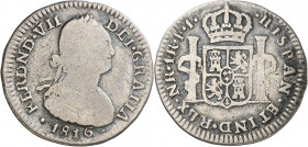 1816. Fernando VII. Santa Fe de Nuevo Reino. FJ. 1 real. (AC. 653) (Restrepo 111-9). Rayitas. Muy rara. 3,24 g. BC/BC+.